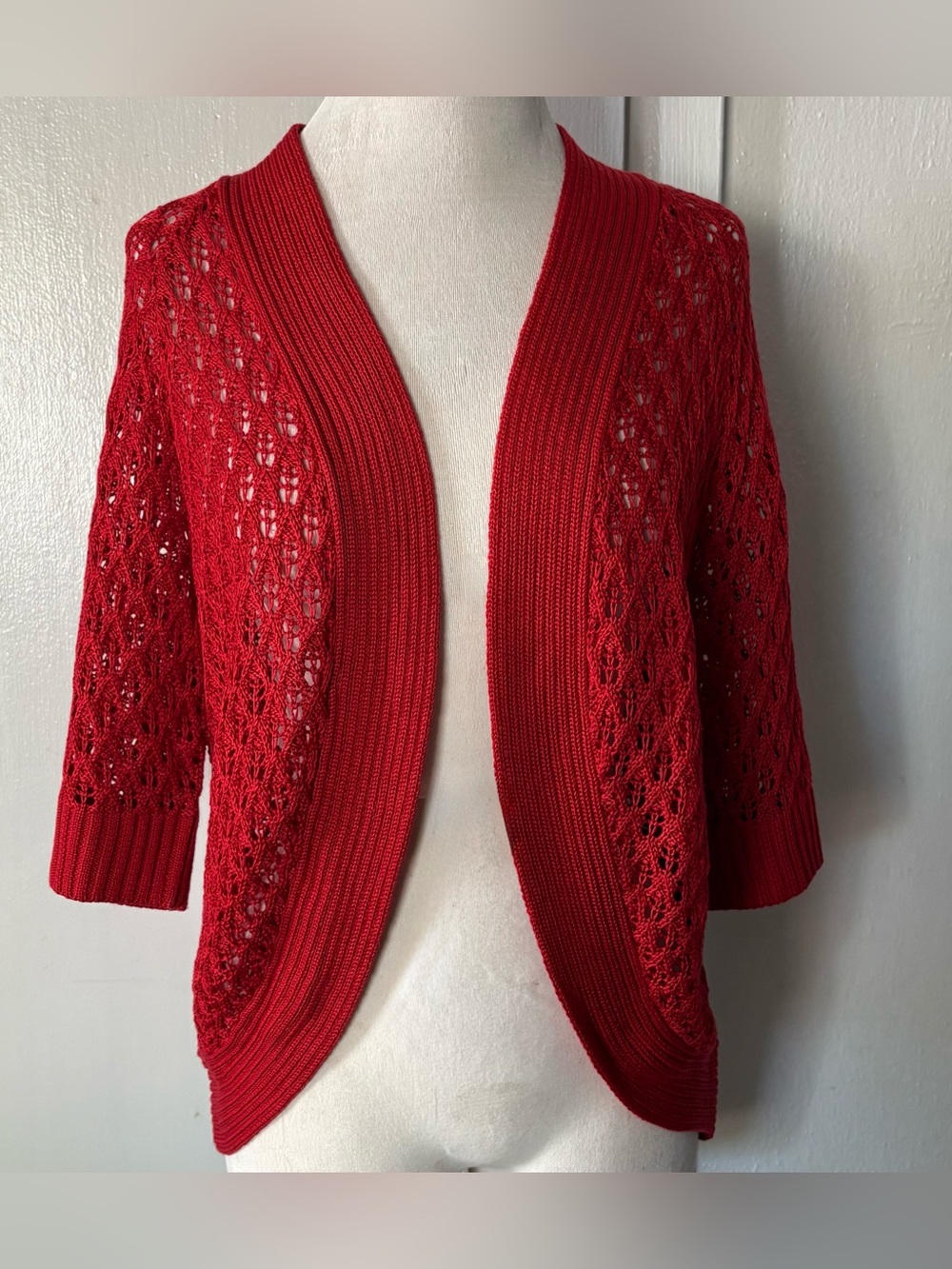 Red Crochet Open Front Cardigan ~ sz Medium